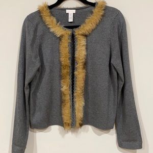 Chicos cotton and Silk Blend Cardigan with Faux Fur Trim